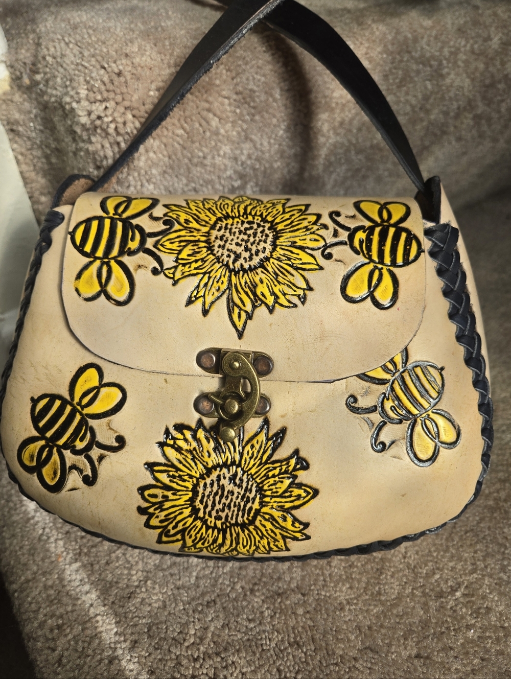 Hand-Painted Sunflower & Bee Leather Crossbody Bag in Cream and Yellow